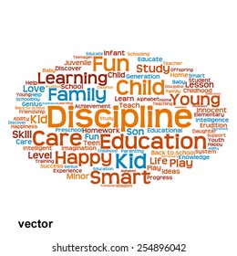 Vector concept or conceptual education abstract word cloud, white background, metaphor to child, family, school, life, learn, knowledge, home, study, teach, educational, achievement, childhood or teen