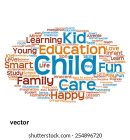 Vector concept or conceptual education abstract word cloud, white background, metaphor to child, family, school, life, learn, knowledge, home, study, teach, educational, achievement, childhood or teen