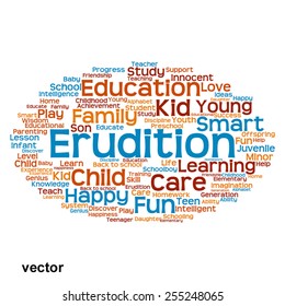 Vector concept or conceptual education abstract word cloud, white background, metaphor to child, family, school, life, learn, knowledge, home, study, teach, educational, achievement, childhood or teen