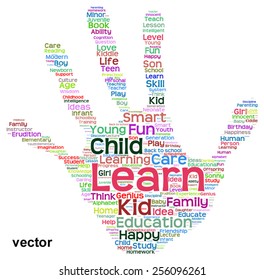 Vector concept conceptual education abstract hand print word cloud, metaphor to child, family, school, life, learn, knowledge, home, study, teach, educational, achievement, childhood, teen handprint
