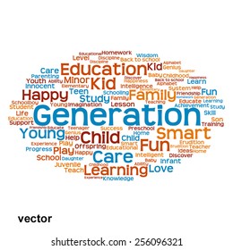 Vector concept or conceptual education abstract word cloud, white background, metaphor to child, family, school, life, learn, knowledge, home, study, teach, educational, achievement, childhood or teen