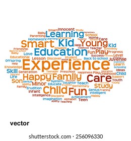 Vector concept or conceptual education abstract word cloud, white background, metaphor to child, family, school, life, learn, knowledge, home, study, teach, educational, achievement, childhood or teen