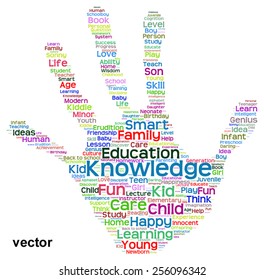 Vector concept conceptual education abstract hand print word cloud, metaphor to child, family, school, life, learn, knowledge, home, study, teach, educational, achievement, childhood, teen handprint