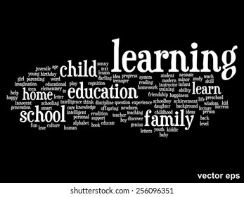 Conceito vetorial ou educação conceitual nuvem de palavras abstratas, fundo preto, metáfora para criança, família, escola, vida, aprender, conhecimento, casa, estudo, ensinar, educacional, realização, infância ou adolescente