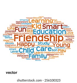 Vektor-Konzept oder konzeptionelle Erziehung abstrakte Wörter Cloud, weißer Hintergrund, Metapher für Kind, Familie, Schule, Leben, Lernen, Wissen, Zuhause, Studium, Lehre, Erziehung, Kindheit oder Teenager