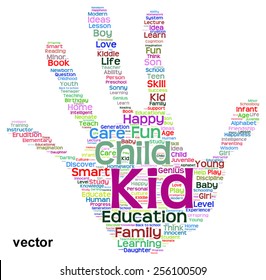 Concepto vectorial educación conceptual impresión manual abstracta nube de palabras, metáfora a niño, familia, escuela, vida, aprendizaje, conocimiento, hogar, estudio, enseñanza, educación, logro, infancia, huella digital adolescente