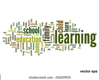 Vector concept or conceptual education abstract word cloud, white background, metaphor to child, family, school, life, learn, knowledge, home, study, teach, educational, achievement, childhood or teen