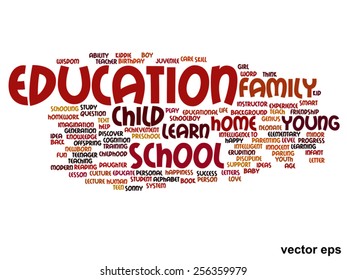 Vector concept or conceptual education abstract word cloud, white background, metaphor to child, family, school, life, learn, knowledge, home, study, teach, educational, achievement, childhood or teen