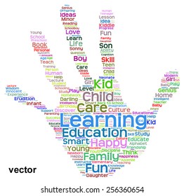 Vector concept conceptual education abstract hand print word cloud, metaphor to child, family, school, life, learn, knowledge, home, study, teach, educational, achievement, childhood, teen handprint