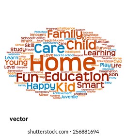 Vector concept or conceptual education abstract word cloud, white background, metaphor to child, family, school, life, learn, knowledge, home, study, teach, educational, achievement, childhood or teen