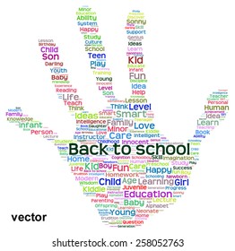 Concepto vectorial educación conceptual impresión manual abstracta nube de palabras, metáfora a niño, familia, escuela, vida, aprendizaje, conocimiento, hogar, estudio, enseñanza, educación, logro, infancia, huella digital adolescente