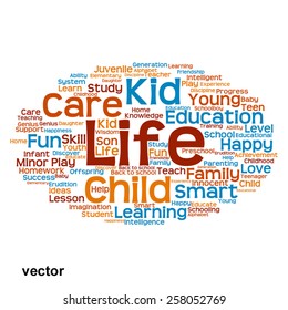 Concepto vectorial o educación conceptual nube de palabras abstracta, fondo blanco, metáfora al niño, la familia, la escuela, la vida, el aprendizaje, el conocimiento, el hogar, el estudio, la enseñanza, la educación, el logro, la infancia o la adolescencia
