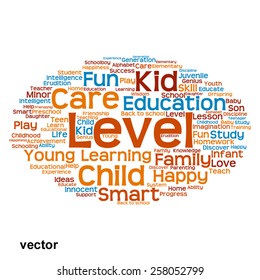 Vector concept or conceptual education abstract word cloud, white background, metaphor to child, family, school, life, learn, knowledge, home, study, teach, educational, achievement, childhood or teen