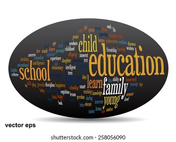 Vector concept or conceptual education abstract word cloud, black background, metaphor to child, family, school, life, learn, knowledge, home, study, teach, educational, achievement, childhood or teen