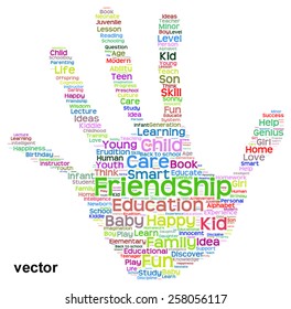 Concepto vectorial educación conceptual impresión manual abstracta nube de palabras, metáfora a niño, familia, escuela, vida, aprendizaje, conocimiento, hogar, estudio, enseñanza, educación, logro, infancia, huella digital adolescente