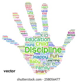 Concepto vectorial educación conceptual impresión manual abstracta nube de palabras, metáfora a niño, familia, escuela, vida, aprendizaje, conocimiento, hogar, estudio, enseñanza, educación, logro, infancia, huella digital adolescente