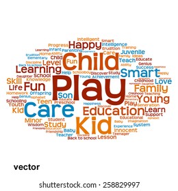 Concepto vectorial o educación conceptual nube de palabras abstracta, fondo blanco, metáfora al niño, la familia, la escuela, la vida, el aprendizaje, el conocimiento, el hogar, el estudio, la enseñanza, la educación, el logro, la infancia o la adolescencia