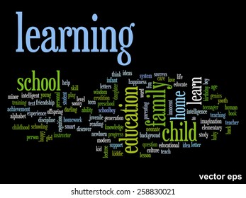 Vector concept or conceptual education abstract word cloud, black background, metaphor to child, family, school, life, learn, knowledge, home, study, teach, educational, achievement, childhood or teen