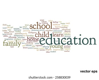 Vector concept or conceptual education abstract word cloud, white background, metaphor to child, family, school, life, learn, knowledge, home, study, teach, educational, achievement, childhood or teen