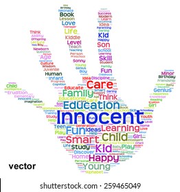Vector concept conceptual education abstract hand print word cloud, metaphor to child, family, school, life, learn, knowledge, home, study, teach, educational, achievement, childhood, teen handprint