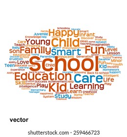 Vector concept or conceptual education abstract word cloud, white background, metaphor to child, family, school, life, learn, knowledge, home, study, teach, educational, achievement, childhood or teen