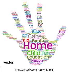 Vector concept conceptual education abstract hand print word cloud, metaphor to child, family, school, life, learn, knowledge, home, study, teach, educational, achievement, childhood, teen handprint