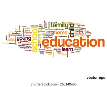 Concepto vectorial o educación conceptual nube de palabras abstracta, fondo blanco, metáfora al niño, la familia, la escuela, la vida, el aprendizaje, el conocimiento, el hogar, el estudio, la enseñanza, la educación, el logro, la infancia o la adolescencia