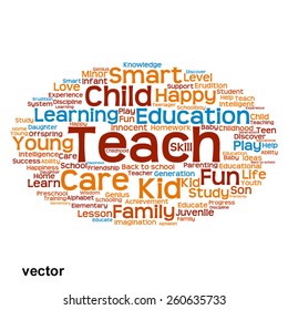 Vector concept or conceptual education abstract word cloud, white background, metaphor to child, family, school, life, learn, knowledge, home, study, teach, educational, achievement, childhood or teen