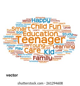 Vector concept or conceptual education abstract word cloud, white background, metaphor to child, family, school, life, learn, knowledge, home, study, teach, educational, achievement, childhood or teen