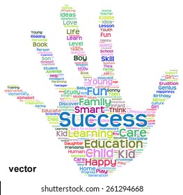 Vector concept conceptual education abstract hand print word cloud, metaphor to child, family, school, life, learn, knowledge, home, study, teach, educational, achievement, childhood, teen handprint