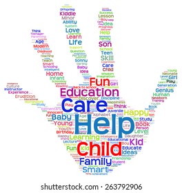 Vector concept conceptual education abstract hand print word cloud, metaphor to child, family, school, life, learn, knowledge, home, study, teach, educational, achievement, childhood, teen handprint