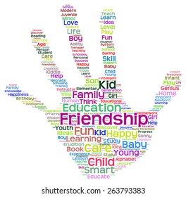 Vector concept conceptual education abstract hand print word cloud, metaphor to child, family, school, life, learn, knowledge, home, study, teach, educational, achievement, childhood, teen handprint