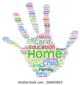 Vector concept conceptual education abstract hand print word cloud, metaphor to child, family, school, life, learn, knowledge, home, study, teach, educational, achievement, childhood, teen handprint
