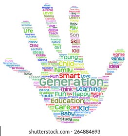 Concepto vectorial educación conceptual impresión manual abstracta nube de palabras, metáfora a niño, familia, escuela, vida, aprendizaje, conocimiento, hogar, estudio, enseñanza, educación, logro, infancia, huella digital adolescente