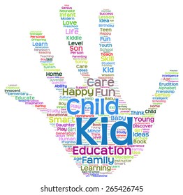 Vector concept conceptual education abstract hand print word cloud, metaphor to child, family, school, life, learn, knowledge, home, study, teach, educational, achievement, childhood, teen handprint