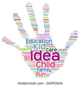 Konzeptionelle Vektor-Erziehung abstrakte Hand Print-Wort-Cloud, Metapher für Kind, Familie, Schule, Leben, Lernen, Wissen, Haus, Studium, Lehre, Erziehung, Kindheit, Teenager-Handschrift