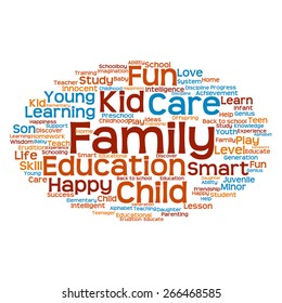 Vector concept or conceptual education abstract word cloud, white background, metaphor to child, family, school, life, learn, knowledge, home, study, teach, educational, achievement, childhood or teen