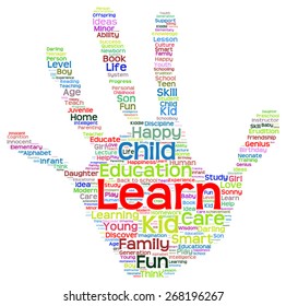 Vector concept conceptual education abstract hand print word cloud, metaphor to child, family, school, life, learn, knowledge, home, study, teach, educational, achievement, childhood, teen handprint