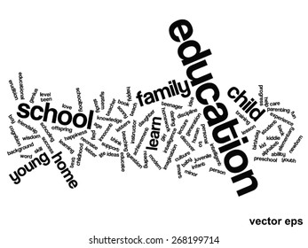 Concepto vectorial o educación conceptual nube de palabras abstracta, fondo blanco, metáfora al niño, la familia, la escuela, la vida, el aprendizaje, el conocimiento, el hogar, el estudio, la enseñanza, la educación, el logro, la infancia o la adolescencia