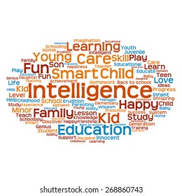 Vector concept or conceptual education abstract word cloud, white background, metaphor to child, family, school, life, learn, knowledge, home, study, teach, educational, achievement, childhood or teen