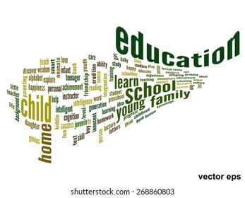 Concepto vectorial o educación conceptual nube de palabras abstracta, fondo blanco, metáfora al niño, la familia, la escuela, la vida, el aprendizaje, el conocimiento, el hogar, el estudio, la enseñanza, la educación, el logro, la infancia o la adolescencia