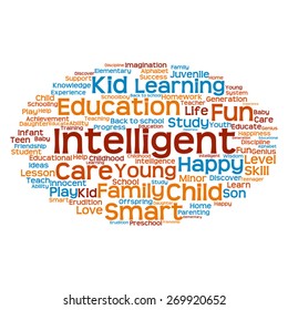 Vector concept or conceptual education abstract word cloud, white background, metaphor to child, family, school, life, learn, knowledge, home, study, teach, educational, achievement, childhood or teen