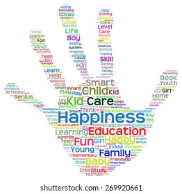 Vector concept conceptual education abstract hand print word cloud, metaphor to child, family, school, life, learn, knowledge, home, study, teach, educational, achievement, childhood, teen handprint