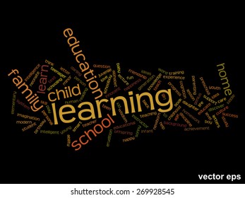 Concepto vectorial o educación conceptual nube de palabras abstracta, fondo negro, metáfora al niño, la familia, la escuela, la vida, el aprendizaje, el conocimiento, el hogar, el estudio, la enseñanza, la educación, el logro, la infancia o la adolescencia