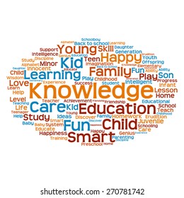Vector concept or conceptual education abstract word cloud, white background, metaphor to child, family, school, life, learn, knowledge, home, study, teach, educational, achievement, childhood or teen