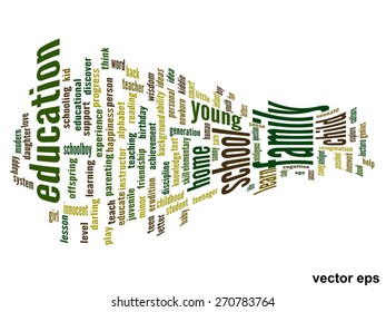 Vector concept or conceptual education abstract word cloud, white background, metaphor to child, family, school, life, learn, knowledge, home, study, teach, educational, achievement, childhood or teen