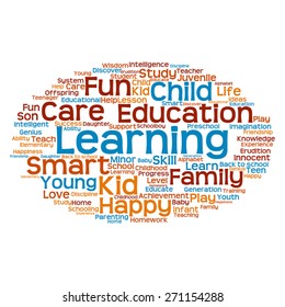 Vector concept or conceptual education abstract word cloud, white background, metaphor to child, family, school, life, learn, knowledge, home, study, teach, educational, achievement, childhood or teen
