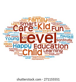Vector concept or conceptual education abstract word cloud, white background, metaphor to child, family, school, life, learn, knowledge, home, study, teach, educational, achievement, childhood or teen