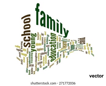 Concepto vectorial o educación conceptual nube de palabras abstracta, fondo blanco, metáfora al niño, la familia, la escuela, la vida, el aprendizaje, el conocimiento, el hogar, el estudio, la enseñanza, la educación, el logro, la infancia o la adolescencia