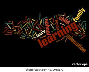 Vector concept or conceptual education abstract word cloud, black background, metaphor to child, family, school, life, learn, knowledge, home, study, teach, educational, achievement, childhood or teen
